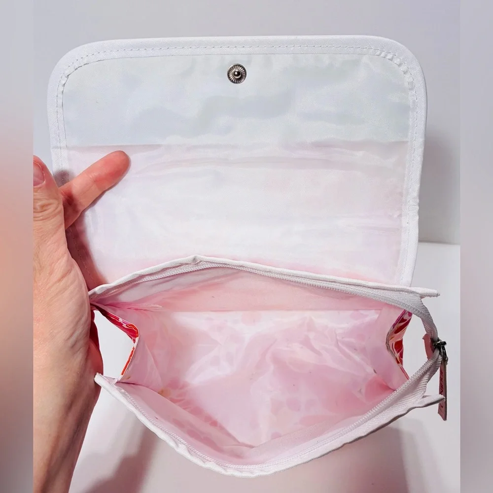 Clinique Floral Cosmetic Bag Pink Red Orange 3”D x 8”W x 6.5”H